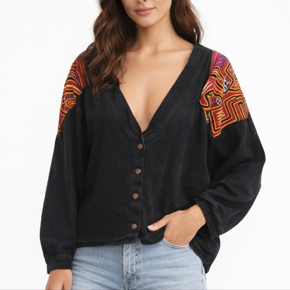 VTG Kuna Indian Mola Appliqué Wearable Art Cotton Button Up Jacket Cardigan